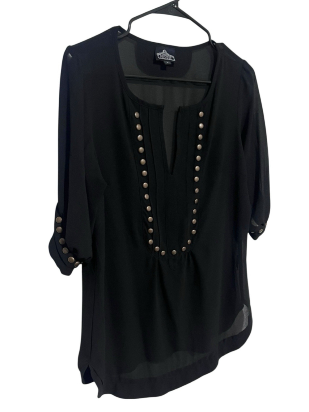 Angie Studded Blouse Womens Large Black Chiffon Sheer Boho Rocker Whimsigoth Top